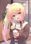  1girl :d bangs blonde_hair blush bow brown_sweater collar commentary_request cup drinking_straw eyebrows_visible_through_hair fang food frilled_collar frills fue_(lars0713) gradient_hair green_eyes hair_between_eyes hair_bow hair_ornament head_tilt highres holding holding_cup holding_drinking_straw hololive ice_cream light_particles long_hair long_sleeves looking_at_viewer momosuzu_nene multicolored_hair nail_polish necktie official_alternate_costume open_mouth pink_hair plaid_necktie pom_pom_(clothes) pom_pom_hair_ornament red_bow red_necktie sailor_collar smile solo sweater upper_body virtual_youtuber white_sailor_collar yellow_nails 