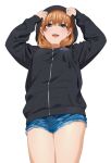  1girl artist_name blue_eyes cowboy_shot denim hood hood_up hooded_jacket jacket mattaku_mousuke open_mouth orange_hair original short_shorts shorts smile solo teeth upper_teeth watermark white_background 