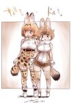  2girls animal_ear_fluff animal_ears ankle_boots artist_name bangs blonde_hair boots border bow bowtie brown_eyes brown_hair brown_legwear brown_skirt commentary dated dhole_(kemono_friends) dog_ears dog_tail elbow_gloves eyebrows_visible_through_hair fur_collar gloves high-waist_skirt kemono_friends looking_at_viewer looking_to_the_side miniskirt multiple_girls nyororiso_(muyaa) open_mouth orange_bow orange_bowtie outside_border pleated_skirt print_bow print_bowtie print_gloves print_legwear print_skirt serval_(kemono_friends) serval_print shadow shirt short_hair signature skirt sleeveless sleeveless_shirt smile standing tail translated two-tone_bowtie white_bow white_bowtie white_footwear white_gloves yellow_eyes yellow_gloves yellow_legwear yellow_skirt 