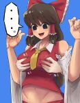  ... 1girl 1other :d absurdres anger_vein bangs black_eyes blue_background blush bow breast_grab breasts brown_hair collared_shirt commentary_request cookie_(touhou) cowboy_shot crop_top detached_sleeves empty_eyes eyebrows_visible_through_hair frilled_hair_tubes frills grabbing grabbing_from_behind hair_bow hair_tubes hakurei_reimu highres large_breasts long_hair looking_down navel necktie noel_(cookie) odoro_(nicoseiga81184094) open_mouth red_bow red_shirt red_skirt shirt simple_background skirt sleeveless sleeveless_shirt smile solo_focus spoken_anger_vein spoken_ellipsis touhou white_sleeves yellow_necktie 