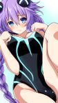  1girl blue_eyes blush braid breasts commentary_request hair_ornament iwashi_dorobou_-r- jacket kneeling long_hair looking_at_viewer medium_breasts neptune_(series) one-piece_swimsuit power_symbol purple_hair purple_heart swimsuit symbol-shaped_pupils tied_hair twin_braids 