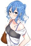  1girl bag bandeau bangs bare_shoulders blue_choker blue_eyes blue_hair candy choker collarbone commentary_request eyebrows_visible_through_hair food food_in_mouth glasses hair_between_eyes highres holding_strap hololive hoshimachi_suisei lollipop long_hair looking_at_viewer mocacoco339 mouth_hold notice_lines off_shoulder ponytail shirt shoulder_bag sidelocks signature simple_background solo upper_body virtual_youtuber white_background white_shirt 