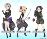  3girls arm_ribbon armor artist_request bangs bare_arms bare_shoulders belt black_eyes black_footwear black_gloves black_hair black_pants black_shirt black_skirt blonde_hair blue_background blue_eyes blush bodice boots bow braid breasts brown_gloves character_name cleavage collarbone cosplay cropped_jacket crossover darjeeling_(girls_und_panzer) dorothy_(princess_principal) dorothy_(princess_principal)_(cosplay) flower food frilled_skirt frills girls_und_panzer girls_und_panzer_senshadou_daisakusen! gloves goggles goggles_on_head gradient gradient_background green_shirt green_shorts grey_bow groin hair_between_eyes hair_flower hair_ornament holding holding_sword holding_weapon holster holstered_weapon japanese_armor katana katyusha_(girls_und_panzer) kusazuri layered_skirt legs long_sleeves looking_at_viewer multiple_girls official_art open_mouth pants parted_hair pravda_military_uniform princess_principal puffy_pants purple_bow purple_flower red_flower ribbon second-party_source shirt short_eyebrows short_hair shorts sidelocks skirt sleeveless sleeveless_shirt smile swept_bangs sword tank_shell thighs toudou_chise toudou_chise_(cosplay) weapon 