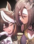  2girls aiguillette air_groove_(umamusume) animal_ears ascot bangs black_background blush breasts brown_hair cleavage closed_eyes closed_mouth commentary epaulettes eyebrows_visible_through_hair eyelashes eyeshadow gloves gradient gradient_background hair_between_eyes hand_on_own_cheek hand_on_own_face horse_ears horse_girl large_breasts light_particles lips long_hair makeup marse_(rokudaime) multicolored_hair multiple_girls o-ring open_mouth parted_bangs portrait simple_background smile sparkle streaked_hair sweatdrop symboli_rudolf_(umamusume) two-tone_hair umamusume white_ascot white_gloves white_hair 