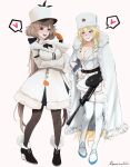  2girls artist_name belt black_footwear black_legwear blonde_hair blue_eyes blush boots bow braid breasts brown_belt cleavage coat coat_on_shoulders collarbone commission darkpulsegg dp-28 dp28_(girls&#039;_frontline) eyebrows_visible_through_hair fur-trimmed_coat fur_trim girls&#039;_frontline gloves gun hair_bow hair_ornament hairclip hand_on_hip hand_up heart heart_print highres holding holding_gun holding_weapon jacket kord_(girls&#039;_frontline) light_brown_hair long_hair looking_at_viewer machine_gun medium_breasts multiple_girls open_mouth orange_gloves pantyhose papakha red_eyes smile standing thigh_boots thighhighs twin_braids very_long_hair weapon white_background white_coat white_footwear white_headwear white_jacket 