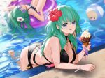  2girls alternate_costume ass ball bangs beachball bikini black_bikini black_swimsuit blue_bikini blue_eyes blue_swimsuit breasts byleth_(fire_emblem) byleth_(fire_emblem)_(female) character_print chibi closed_mouth dimitri_alexandre_blaiddyd eating enlightened_byleth_(female) eyebrows_visible_through_hair fire_emblem fire_emblem:_three_houses fire_emblem_heroes flayn_(fire_emblem) flower food glasses hair_between_eyes hair_flower hair_ornament hibiscus holding holding_food ice_cream ice_cream_cone in_water innertube large_breasts long_hair looking_at_viewer multiple_girls official_alternate_costume partially_submerged peach_luo pool red_flower small_breasts swimsuit tongue tongue_out water wet white_flower 