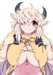  1girl ahoge animal_ears arms_up bangs between_breasts black_horns blush breasts brown_eyes commentary_request extra_ears gloves grey_horns hair_over_one_eye head_tilt highres horns huge_breasts kemono_friends leaning_forward long_hair mamiyama multicolored_horns ox_ears ox_girl ox_horns parted_bangs shirt simple_background sleeveless smile solo upper_body very_long_hair white_background yak_(kemono_friends) yellow_shirt 