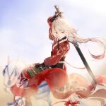  1girl armor bangs blue_sky chinese_armor chinese_clothes cloud cloudy_sky drawing_sword fu_hua fu_hua_(phoenix) hair_between_eyes highres holding holding_sword holding_weapon honkai_(series) honkai_impact_3rd horseback_riding long_hair long_sleeves looking_at_viewer multicolored_hair outdoors ponytail qqqne red_eyes riding sheath sky solo streaked_hair sword sword_behind_back unsheathing weapon white_hair white_horse 