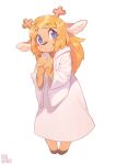  1girl animal_ears antlers blonde_hair blue_eyes commentary deer_antlers deer_ears deer_girl deltarune dress freckles full_body furry furry_female highres hooded_dress hooves inuki_(aruurara) long_hair looking_to_the_side noelle_holiday own_hands_together signature simple_background solo standing white_background white_dress wide_sleeves 