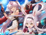  2girls :d animal_ears antenna_hair azur_lane bangs bent_over blue_sky blunt_bangs blurry breasts cleavage cloud cloudy_sky commentary_request depth_of_field dual_wielding eyebrows_visible_through_hair grenville_(azur_lane) hair_between_eyes hairband highres holding long_hair long_sleeves looking_at_viewer machinery multiple_girls open_mouth orange_eyes purple_hair rabbit_ears shimakaze_(azur_lane) sidelocks sky smile sun sunlight tonchinkan torpedo_tubes turret water_drop white_hair yellow_eyes 