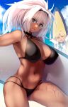  2girls animal_ears ass_visible_through_thighs bangs bare_shoulders bikini black_bikini black_hairband blonde_hair blue_eyes blue_sky blush body_markings breasts caenis_(fate) caenis_(swimsuit_rider)_(fate) cleavage closed_eyes collarbone eyebrows_visible_through_hair fate/grand_order fate_(series) hairband high_ponytail highres holding holding_surfboard kuronyan large_breasts long_hair looking_at_viewer mordred_(fate) mordred_(swimsuit_rider)_(fate) multiple_girls navel open_mouth ponytail prydwen_(fate) sky smile surfboard swimsuit thighs wet white_hair 