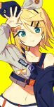  1girl :t arm_up asymmetrical_clothes bangs blonde_hair blue_eyes blush bow crop_top hair_between_eyes hair_bow hair_ornament hairclip highres kagamine_rin long_sleeves looking_at_viewer midriff miwasiba multicolored_bow navel pout project_sekai short_hair simple_background solo upper_body vocaloid yellow_background 