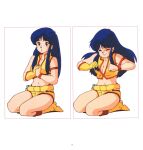  1980s_(style) 1girl armlet bangs belt blue_eyes blue_hair boots bracelet breasts cleavage closed_eyes dirty_pair gloves highres jewelry long_hair navel official_art own_hands_together page_number retro_artstyle scan seiza single_glove sitting variations yellow_footwear yellow_gloves yuri_(dirty_pair) 