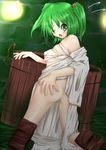  ass bad_id bad_pixiv_id bare_shoulders blush bucket budget_sarashi green_eyes green_hair hair_bobbles hair_ornament japanese_clothes kantarou_(nurumayutei) kisume kneeling looking_back maebari one_eye_closed sandals sarashi solo tears touhou twintails wooden_bucket 