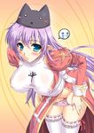  aqua_eyes bent_over blush breasts covered_nipples dress embarrassed hat high_priest kawase_seiki large_breasts long_hair panties panty_pull pink_panties pointy_ears purple_hair ragnarok_online solo thighhighs underwear undressing 
