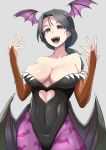  1girl animal_print bare_shoulders bat_print bat_wings black_leotard breasts bridal_gauntlets bright_pupils brown_gloves cleavage commentary cosplay covered_navel cowboy_shot fangs freckles girls_und_panzer gloves grey_background grey_eyes grey_hair hair_tie halloween_costume head_wings heart_cutout highres large_breasts leotard long_hair looking_at_viewer low_wings morrigan_aensland morrigan_aensland_(cosplay) open_mouth pantyhose piyotan ponytail print_legwear purple_legwear ringer3727 simple_background smile solo vampire_(game) vampire_costume w_arms white_pupils wings 