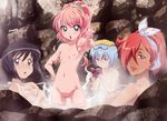  bath black_hair blue_eyes blue_hair brown_eyes flat_chest highres kirche_augusta_frederica_von_anhalt_zerbst louise_francoise_le_blanc_de_la_valliere multiple_girls nipples nude nude_filter onsen pink_eyes pink_hair pussy red_hair siesta tabitha third-party_edit uncensored water zero_no_tsukaima 