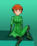  1girl blush bodysuit breasts brown_eyes brown_hair creatures_(company) game_freak green_bodysuit metroid natane_(pokemon) nintendo pokemon pokemon_(game) pokemon_dppt samus_aran samus_aran_(cosplay) smile thighs zero_suit 