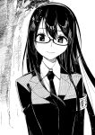  1girl absurdres alternate_costume buttons closed_mouth collared_shirt glasses greyscale hair_between_eyes hairband highres jacket kantai_collection lips long_hair long_sleeves masukuza_j monochrome necktie ooyodo_(kancolle) school_uniform shirt smile solo upper_body 