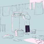  1boy absurdres avogado6 blue_theme child commentary from_behind hands_up highres holding laundry laundry_basket long_sleeves monochrome original pants shirt solo tiptoes washing_machine 
