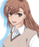  1girl :d alternate_hair_length alternate_hairstyle bangs brown_eyes brown_hair collared_shirt dress_shirt eyebrows_visible_through_hair grey_sweater hair_between_eyes hair_ornament hairclip long_hair looking_at_viewer misaka_mikoto older open_mouth school_uniform shiny shiny_hair shirt smile solo sougetsu_izuki sweater sweater_vest toaru_kagaku_no_railgun toaru_majutsu_no_index tokiwadai_school_uniform upper_body white_shirt wing_collar 