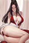  1girl ass bangs bare_legs bare_shoulders breasts brown_hair cleavage collarbone commentary covered_nipples curtains dress fatal_fury highres large_breasts lips long_hair looking_to_the_side lying midriff_peek no_bra nuker_(nukerdraws) on_side panties parted_bangs parted_lips ponytail red_dress red_eyes red_panties sash shiranui_mai sidelocks smile solo the_king_of_fighters thighs underwear 
