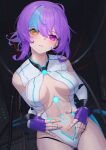  1girl aino_(robolife) android blue_hair breasts cable commentary cowboy_shot english_commentary head_tilt highres joints large_breasts leotard looking_at_viewer multicolored_hair parted_lips purple_eyes purple_hair robolife_-_days_with_aino robot_joints solo streaked_hair white_leotard whitem_(whiteemperor2020) yellow_eyes 