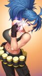  1girl bangs bare_shoulders belt black_tank_top blue_eyes blue_hair breasts earring_removed earrings gloves highres jewelry leona_heidern lyoung0j navel ponytail solo tank_top the_king_of_fighters the_king_of_fighters_xiii triangle_earrings 