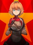  1girl absurdres apron bangs blonde_hair blue_eyes closed_mouth commentary crescent dress fixro2n hammer hammer_and_sickle highres holding holding_hammer holding_sickle looking_at_viewer orange_hair original red_background red_dress red_shirt russian_commentary shirt short_hair short_sleeves sickle solo soviet star_(symbol) white_apron yellow_star 