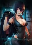  1girl black_gloves black_hair breasts cleavage commentary esojima_gary eyelashes fingerless_gloves ghost_in_the_shell ghost_in_the_shell:_sac_2045 gloves highres jacket kusanagi_motoko large_breasts light_smile looking_at_viewer pink_eyes short_hair solo standing 