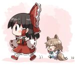  2girls :d animal_ears ascot bangs barefoot black_hair bow brown_hair closed_eyes detached_sleeves eyebrows_visible_through_hair fox_ears fox_tail from_side full_body hair_bow hair_tubes hakurei_reimu kudamaki_tsukasa medium_hair multiple_girls nontraditional_miko open_mouth red_bow red_footwear red_shirt red_skirt ribbon-trimmed_sleeves ribbon_trim rokugou_daisuke romper shirt short_sleeves sidelocks signature skirt smile tail touhou walking white_legwear wide_sleeves yellow_ascot 