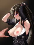  1girl absurdres arm_up armpits arms_up asymmetrical_gloves bangs black_choker black_gloves black_hair blush breasts breasts_outside buckle choker commentary_request counter_side disembodied_limb elbow_gloves elze_(s01047480836) gloves high_ponytail highres imminent_breast_grab korean_commentary large_breasts long_hair looking_down md5_mismatch nipples no_bra open_clothes parted_lips purple_eyes short_sleeves sidelocks single_sleeve solo_focus sweat underbust upper_body very_long_hair yoo_mina 