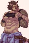  1boy abs animal_ears avatar_(ffxiv) bara bare_pectorals black_tank_top blush brown_fur cat_boy cat_ears cat_tail chillasan clothes_around_waist clothes_lift embarrassed excessive_pubic_hair fang feet_out_of_frame final_fantasy final_fantasy_xiv groin highres hrothgar jacket jacket_around_waist large_pectorals lifted_by_self male_focus male_pubic_hair muscular muscular_male navel navel_hair nipples pectorals pubic_hair pubic_hair_peek shirt_lift short_hair sidelocks solo stomach tail tank_top undressing 