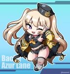  1girl ;d anchor_symbol arm_up azur_lane bache_(azur_lane) bandaid bandaid_on_knee bangs bare_shoulders belt belt_pouch black_footwear black_headwear black_sailor_collar black_shirt black_shorts blonde_hair blue_background blunt_bangs breasts brown_belt character_name chibi collar commentary_request copyright_name crop_top cutoffs exposed_pocket fang fishnet_legwear fishnets full_body fur-trimmed_jacket fur_trim hat jacket kurono long_hair long_sleeves looking_at_viewer loose_socks micro_shorts midriff navel neckerchief off_shoulder one_eye_closed open_mouth outline pink_collar pouch purple_eyes sailor_collar sailor_hat shirt shoes shorts sidelocks single_thighhigh skindentation sleeveless sleeveless_shirt small_breasts smile solo standing standing_on_one_leg thighhighs twitter_username two_side_up v yellow_jacket yellow_neckerchief 