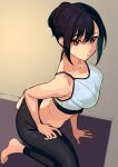  1girl absurdres arm_support bare_arms bare_shoulders barefoot black_hair breasts brown_eyes from_side hair_bun highres kagematsuri kneeling large_breasts leggings looking_at_viewer mat o3o original sketch solo sports_bra sweatdrop 