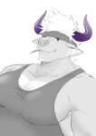  1boy absurdres animal_ears bara brown_fur camouflage camouflage_headwear chest_hair cow_ears cow_horns facial_hair furry furry_male headband highres horns ioenami large_pectorals male_focus mature_male minotaur mint muscular muscular_male pectoral_cleavage pectoral_focus pectorals purple_eyes purple_horns shennong_(housamo) short_hair sideburns sidepec smile solo spot_color tank_top tokyo_afterschool_summoners upper_body white_hair 