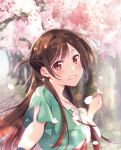  1girl brown_eyes brown_hair cherry_blossoms cover earrings half_updo highres jewelry kanojo_okarishimasu long_hair looking_at_viewer mizuhara_chizuru official_art outdoors outstretched_arm pov smile solo spring_(season) upper_body 