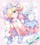  1girl animal apron bag bell blonde_hair blue_apron blue_bow blue_eyes blue_footwear blush bow cat closed_mouth commentary_request cutesu_(cutesuu) diagonal_stripes double_bun dress eyepatch feathered_wings frilled_bow frilled_legwear frills full_body hair_bell hair_bow hair_ornament highres jingle_bell layered_sleeves loafers long_sleeves lying medical_eyepatch on_side original pink_dress pink_legwear puffy_short_sleeves puffy_sleeves shoes short_over_long_sleeves short_sleeves shoulder_bag sleeves_past_fingers sleeves_past_wrists smile solo striped striped_background striped_bow usashiro_mani white_bow white_cat white_wings wings 