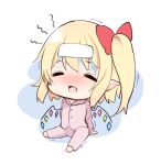  1girl arm_support bangs blonde_hair blush bow chibi closed_eyes commentary_request cooling_pad crystal eyebrows_visible_through_hair fang fever flandre_scarlet full_body hair_bow highres miy@ no_hat no_headwear nose_blush one_side_up open_mouth pajamas pink_pajamas pink_shirt pointy_ears red_bow shaded_face shirt simple_background sitting solo touhou trembling white_background wings 