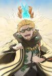  1boy beard blonde_hair blush brown_scarf clenched_hand earrings facial_hair goggles highres jewelry male_focus mullar necklace outdoors pixiv_fantasia pixiv_fantasia_age_of_starlight pointy_ears running sand scarf solo standing trade_king_farid yellow_eyes 