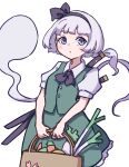  1girl absurdres bag bangs black_hairband black_neckwear blue_eyes bob_cut carrot closed_mouth collared_shirt commentary eyebrows_behind_hair food green_skirt green_vest grey_hair grocery_bag hairband highres holding holding_bag kame_(kamepan44231) konpaku_youmu konpaku_youmu_(ghost) leek looking_at_viewer multiple_swords one-hour_drawing_challenge puffy_short_sleeves puffy_sleeves shirt shopping_bag short_hair short_sleeves simple_background skirt solo standing sword sword_behind_back touhou vest weapon white_background white_shirt 