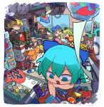  bangs black_hair blonde_hair blue_bow blue_eyes blue_hair blue_sky bow brown_eyes brown_hair candy cashier chen chibi cirno clock electric_fan fish fisheye food grandfather_clock green_hair green_headwear hair_bow hair_bun hand_fan hat ice_cream lollipop looking_at_viewer looking_down luna_child moyazou_(kitaguni_moyashi_seizoujo) multiple_girls open_mouth orange_hair reaching_out shop short_hair sky snack source_request star_sapphire sunny_milk television touhou twintails vending_machine white_headwear window yellow_eyes 