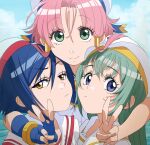  3girls :| aika_granzchesta alice_carroll aria aria_company_uniform blue_background blue_eyes blue_gloves blue_hair closed_mouth cloud cloudy_sky double_v gloves green_eyes green_hair hair_tubes hat highres long_eyelashes long_hair looking_at_viewer mizunashi_akari multiple_girls nenekantoku pink_hair short_hair sidelocks sky smile v yellow_eyes 