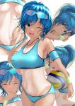  1girl aigami_shion bangs bikini bikini_lift blue_bikini blue_eyes blue_hair blush breasts cameltoe cleavage closed_mouth clothes_lift collarbone commentary_request eyebrows_visible_through_hair eyewear_on_head garter-velvet highres large_breasts looking_at_viewer mole mole_on_breast multiple_views navel necktie one_eye_closed open_mouth original ponytail sideboob simple_background smile sports_bikini sunglasses sweat sweatband swimsuit tan tanlines tearing_up volleyball white_background 