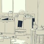  1boy absurdres avogado6 box child commentary dishwashing facing_away from_behind highres indoors monochrome on_box original pants shirt solo teapot tiptoes yellow_theme 