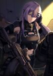  1girl abs ak-15 ak-15_(girls&#039;_frontline) armor artificial_eye assault_rifle bangs bare_shoulders black_gloves black_pants closed_mouth commentary_request elbow_gloves girls&#039;_frontline gloves gun hair_over_one_eye hand_in_hair highres kalashnikov_rifle long_hair mask mask_removed mechanical_eye pants purple_hair replikia rifle squatting weapon 