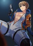  1girl absurdres apex_legends b3_wingman blonde_hair blue_background breasts breasts_apart catsuit commentary_request gun handgun highres holding holding_gun holding_weapon kagematsuri knee_pads large_breasts looking_at_viewer navel no_bra parted_lips pistol scar scar_on_face short_hair solo wattson_(apex_legends) weapon 