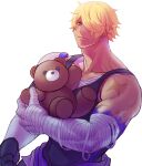  1boy bandaged_arm bandages bara bare_shoulders black_tank_top blonde_hair character_request chest_sarashi chillasan cross_scar gyee hair_over_one_eye holding holding_stuffed_toy male_focus muscular muscular_male pectorals sarashi scar scar_on_arm short_hair sidepec solo stuffed_animal stuffed_toy tank_top teddy_bear upper_body white_background 