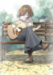  1girl acoustic_guitar aran_sweater autumn_leaves bangs bench bob_cut boots brown_footwear brown_hair brown_legwear casual closed_eyes commentary cross-laced_footwear crossed_legs etokakaitari foliage full_body guitar hair_ornament hairclip head_down highres hirasawa_yui holding holding_instrument holding_plectrum instrument k-on! knee_boots lace-up_boots leaf long_skirt long_sleeves music on_bench open_mouth outdoors park park_bench pinstripe_skirt playing_instrument plectrum scarf shaded_face shadow short_hair singing sitting skirt solo striped striped_scarf sweater texture tree white_scarf white_sweater wind 