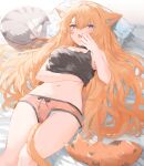  1girl :o absurdres animal animal_ear_fluff animal_ears bed_sheet between_legs blush breasts cat cat_ears cat_girl cat_tail crop_top fang grey_cat highres long_hair lying medium_breasts navel on_back on_bed open_mouth orange_cat orange_hair orange_shorts original panties pantyshot pillow purple_eyes short_shorts shorts skin_fang sleeveless sorotu tail tail_between_legs tears underwear upshorts very_long_hair waking_up white_panties yawning 